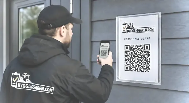Personalliggare för bygg – QR-incheckning på byggarbetsplats Byggarbetare checkar in på byggarbetsplats via QR-kod med Byggliggaren
