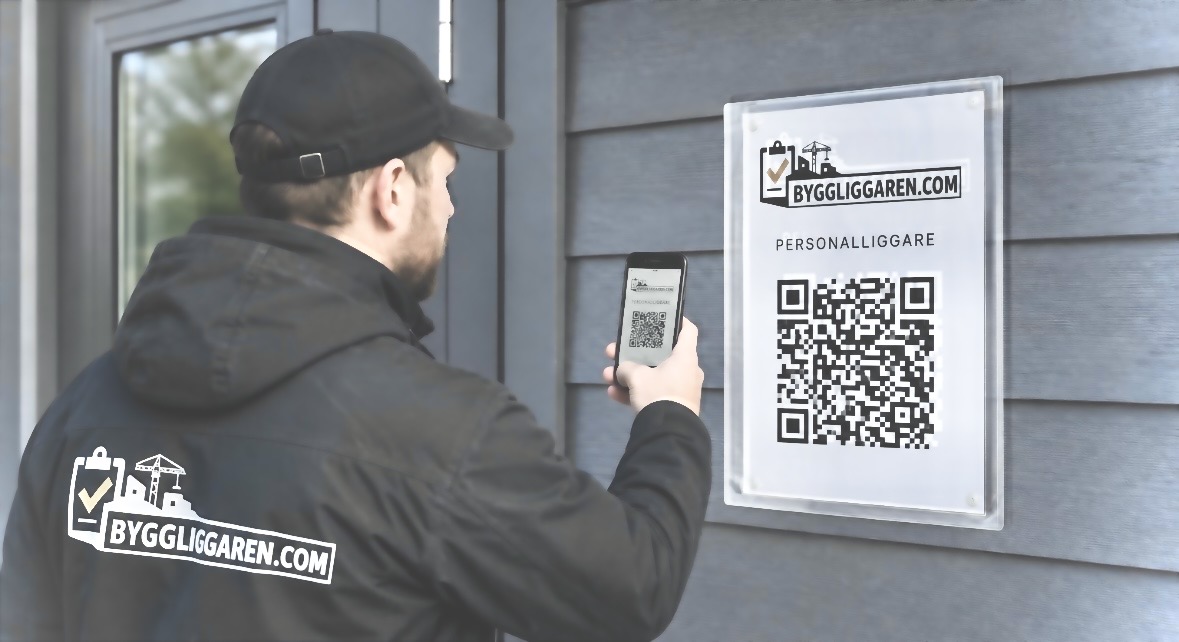 Byggarbetare checkar in på byggarbetsplats via QR-kod med Byggliggaren