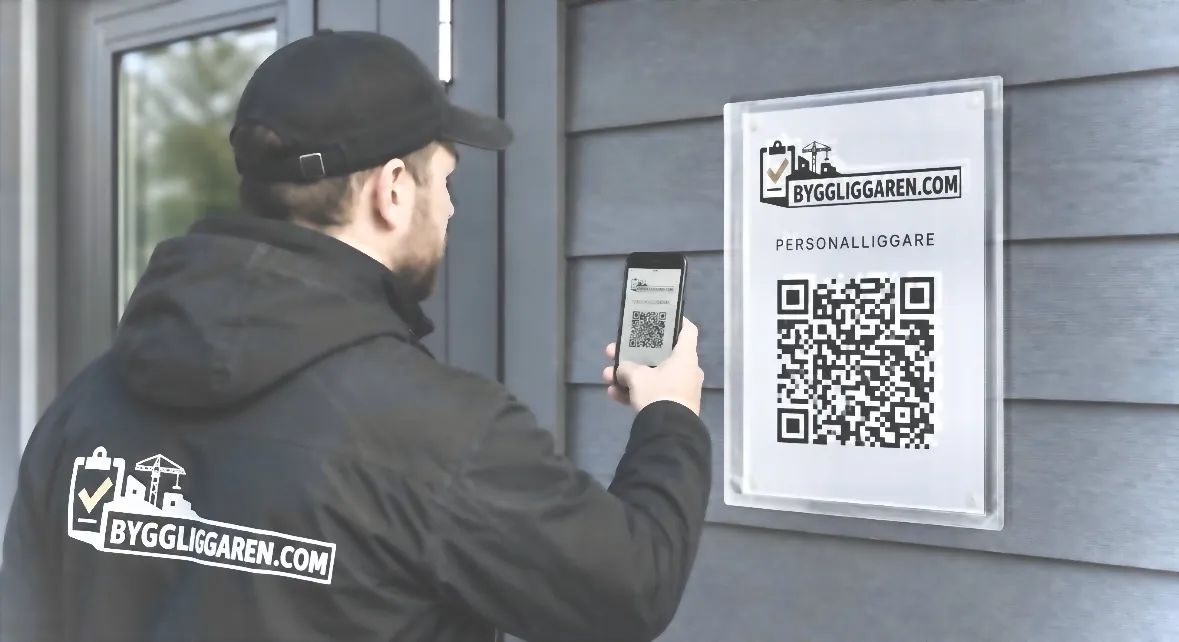 Personalliggare för bygg – QR-incheckning på byggarbetsplats Byggarbetare checkar in på byggarbetsplats via QR-kod med Byggliggaren